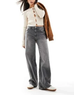 Pull&Bear Baggy Oversized Wide Leg Jean In Dark Washed Grey For Women