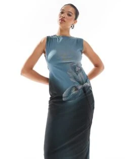 Pull&Bear Mesh Sleeveless Maxi Dress In Blue Ombre Floral Print For Women Navy