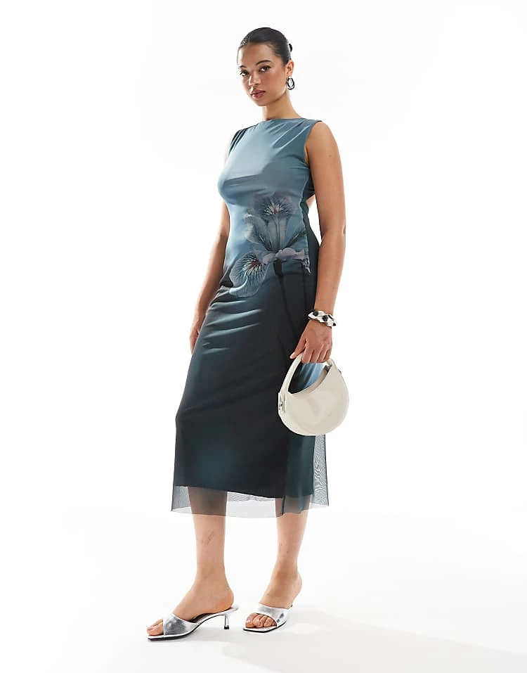 Pull&Bear Mesh Sleeveless Maxi Dress In Blue Ombre Floral Print For Women Navy - Image 3