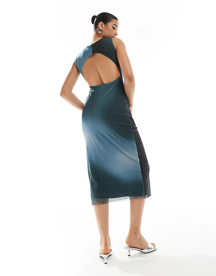 Pull&Bear Mesh Sleeveless Maxi Dress In Blue Ombre Floral Print For Women Navy - Image 4