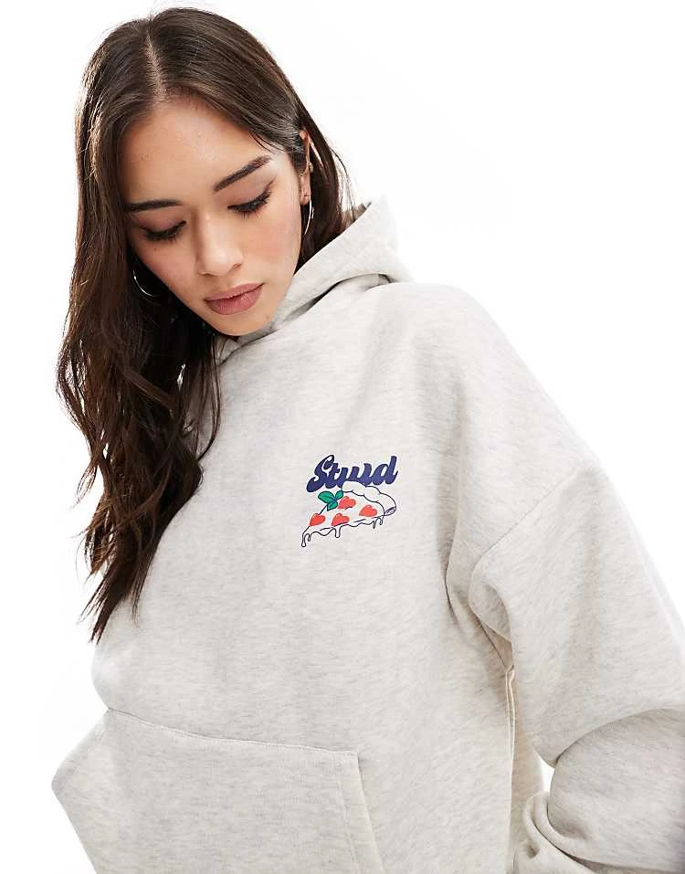 Pull&Bear STWD Pizza Graphic Oversized Hoodie In Grey Marl For Women