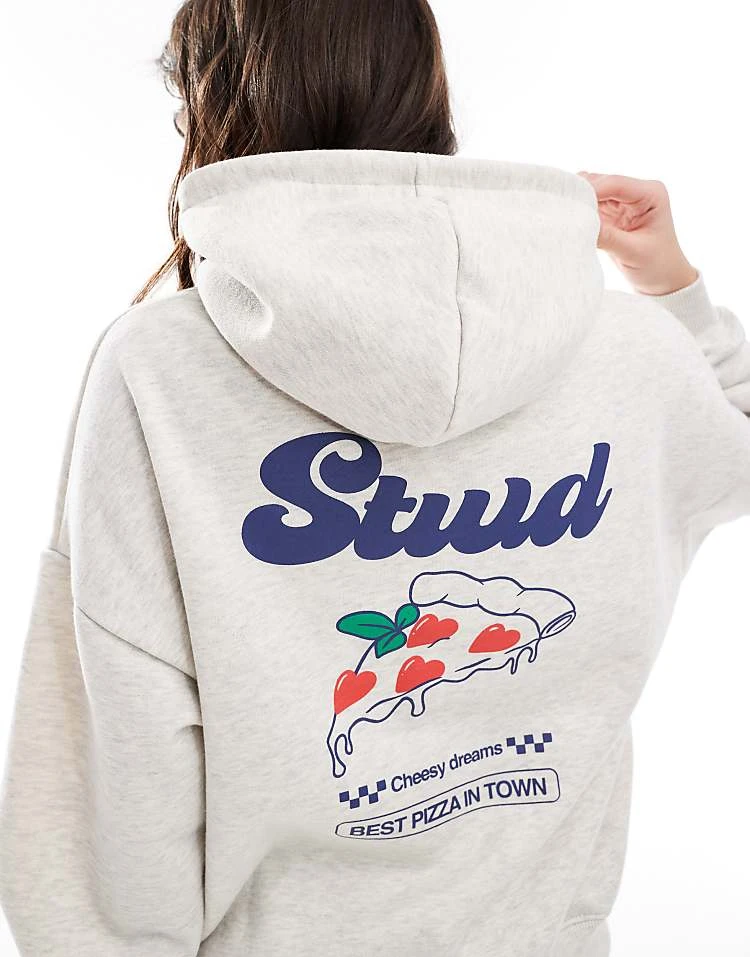 Pull&Bear STWD Pizza Graphic Oversized Hoodie In Grey Marl For Women - Image 3