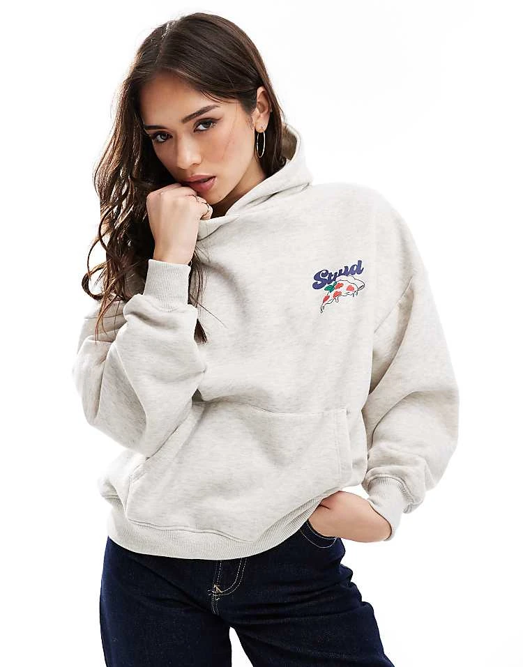 Pull&Bear STWD Pizza Graphic Oversized Hoodie In Grey Marl For Women - Image 4