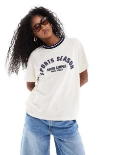 Pull&Bear Oversized 'Sports Season' Graphic T-shirt In White For Women