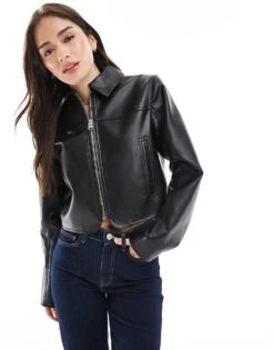 Pull&Bear Faux Leather Dad Collar Jacket In Black For Women