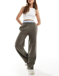 Pull&Bear Boxer Waistband Wide Leg Jogger In Grey For Women