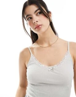 Pull&Bear Lace Trim Ribbed Cami Top In Pale Grey For Women