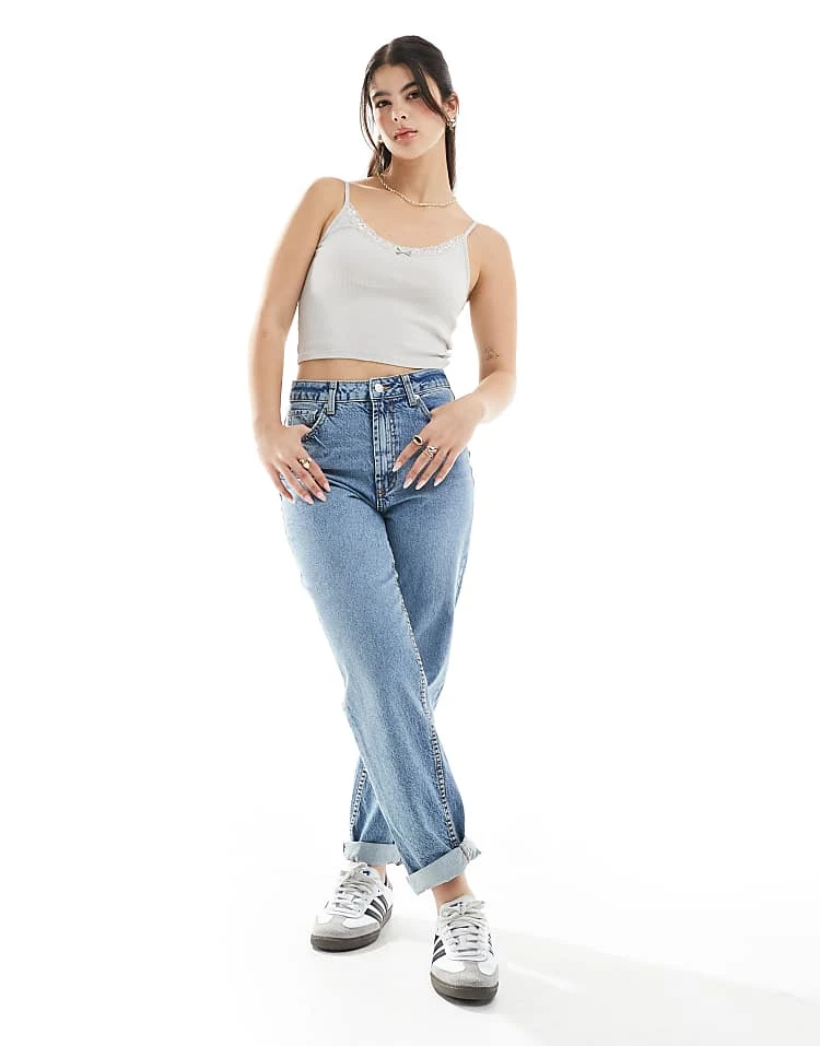 Pull&Bear Lace Trim Ribbed Cami Top In Pale Grey For Women - Image 2