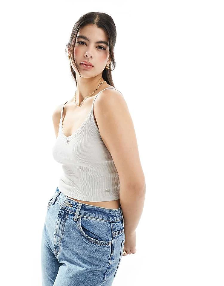 Pull&Bear Lace Trim Ribbed Cami Top In Pale Grey For Women - Image 3