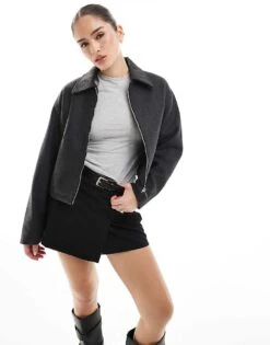 Pull&Bear Dad Collar Boxy Jacket In Dark Grey For Women
