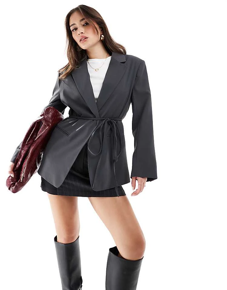 Pull&Bear Tie Detail Tailored Jacket In Grey For Women - Image 5