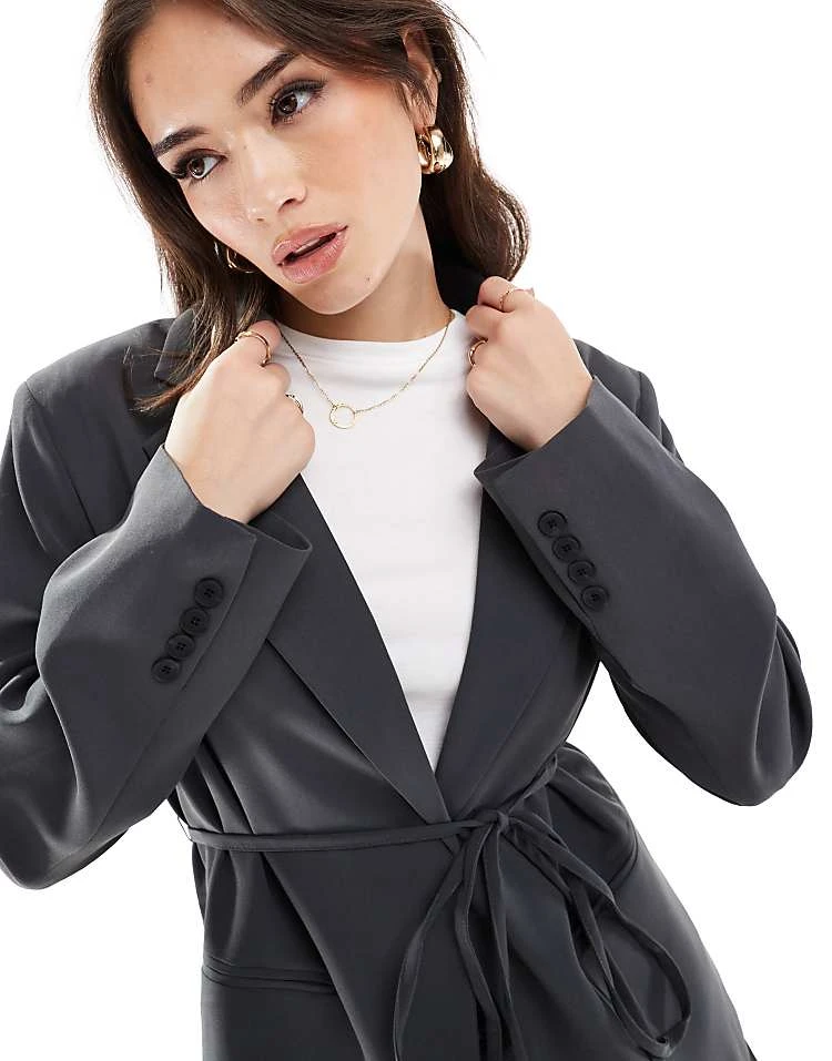 Pull&Bear Tie Detail Tailored Jacket In Grey For Women - Image 2