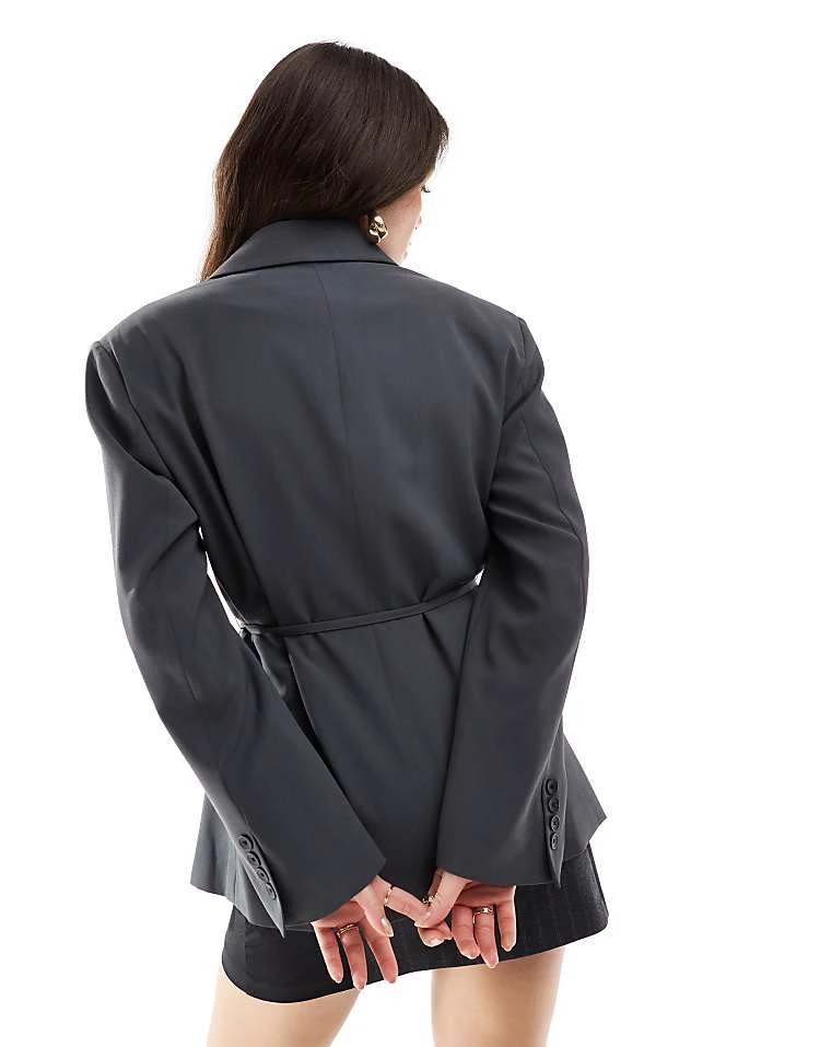 Pull&Bear Tie Detail Tailored Jacket In Grey For Women - Image 4