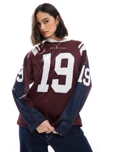 Pull&Bear Football Jersey Long Sleeve Tee In Burgundy For Women