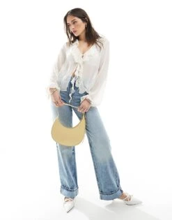 Pull&Bear Frilly Tie Up Blouse In Ecru For Women