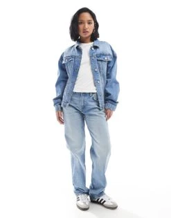 Pull&Bear Petite Mid Rise Straight Leg Jean In Mid Blue For Women