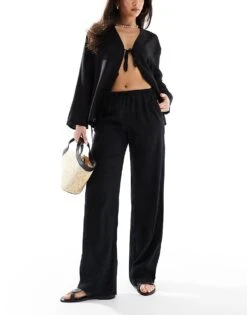 Pull&Bear High Waisted Linen Look Trousers In Black For Women