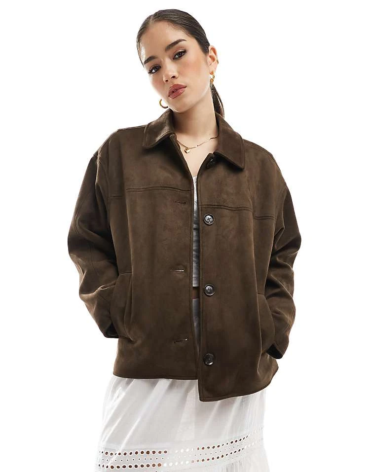 Pull&Bear Faux Suede Pocket Detail Jacket In Brown For Women - Image 2