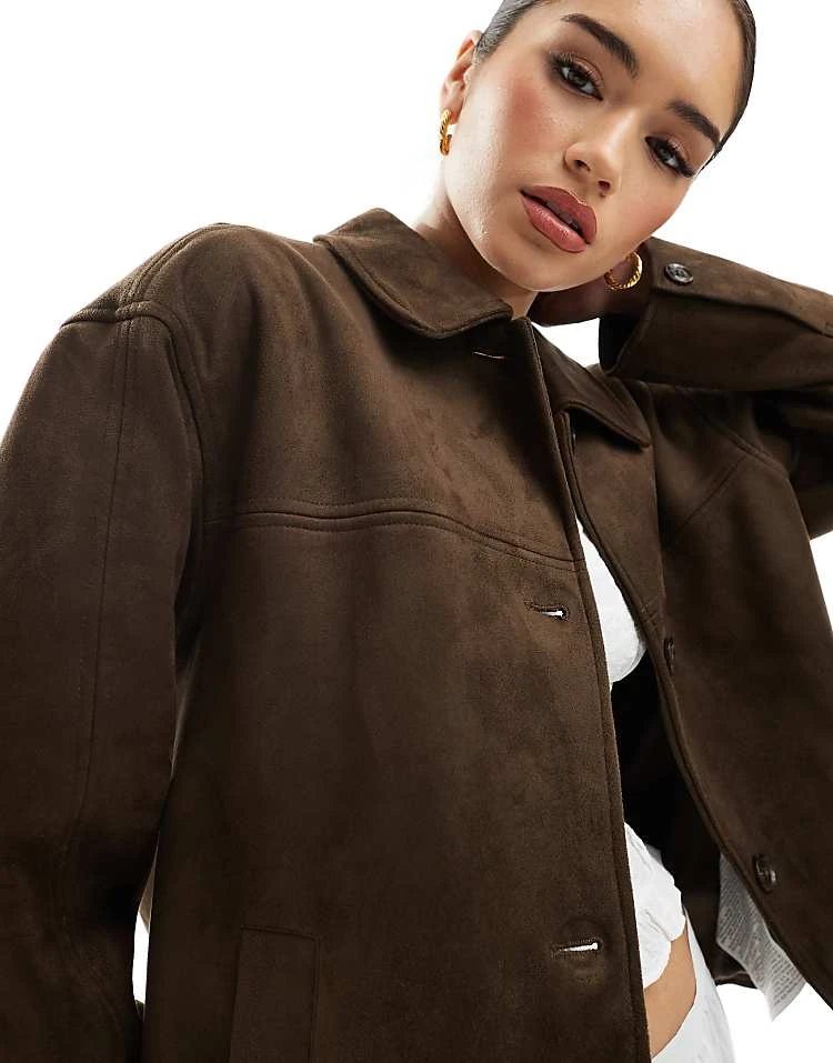 Pull&Bear Faux Suede Pocket Detail Jacket In Brown For Women - Image 3