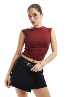 Pull&Bear Polyamide Cut Out Back Top In Burgundy For Women