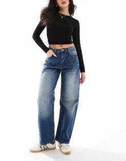 Pull&Bear Baggy Jean With Dart Detail In Washed Dark Blue For Women