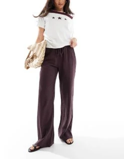 Pull&Bear High Waisted Linen Look Trousers In Wine For Women