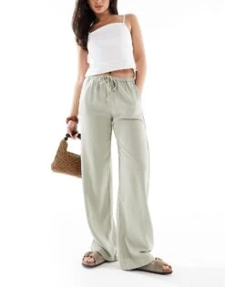 Pull&Bear High Waisted Linen Look Trousers In Sage Green For Women