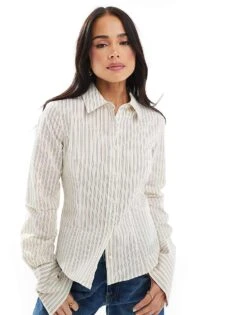 Pull&Bear Fitted Stripe Shirt In Ecru For Women