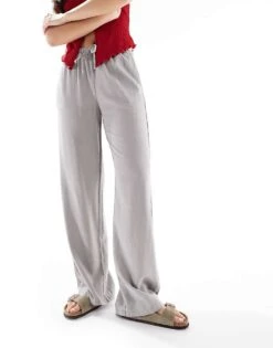 Pull&Bear High Waisted Linen Look Trousers In Grey