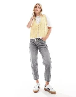 Pull&Bear Petite High Rise Mom Jean In Grey For Women
