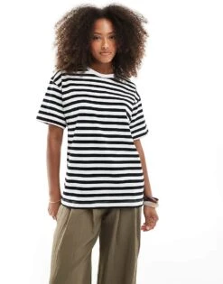 Pull&Bear Oversized T-shirt In Navy & White Stripe For Women