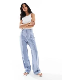 Pull&Bear Petite Straight Leg Tailored Trousers With Front Seam In Blue For Women