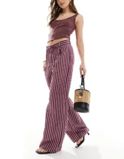 Pull&Bear Straight Leg Striped Trouser In Pink For Women