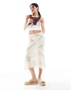Pull&Bear Lace Midi Skirt With Asymmetric Hem In White For Women