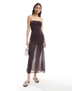 Pull&Bear Drop Hem Bandeau Maxi Dress In Burgundy For Women