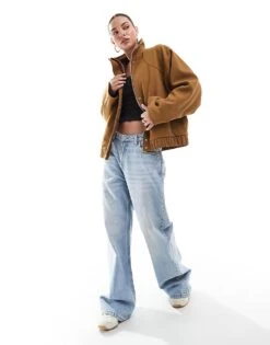 Pull&Bear Faux Suede Dad Jacket In Brown For Women