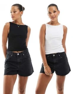 Pull&Bear 2 Pack Chunky Ribbed Racer Vest In Black & White For Women White/black