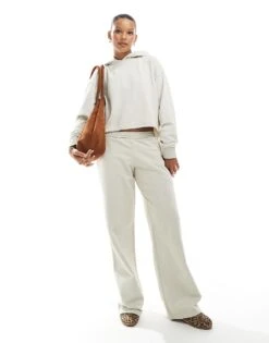 Pull&Bear Cropped Raw Edge Hoodie Co-ord In Ecru