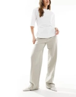 Pull&Bear Straight Leg Tailored Trouser In Stone For Women