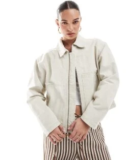 Pull&Bear Oversized Canvas Jacket In Ecru For Women