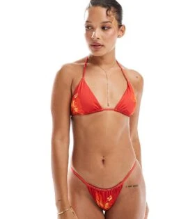 Pull&Bear High Leg Thong Bikini Bottom In Red Floral