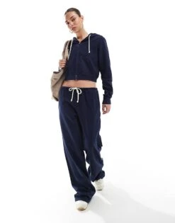 Pull&Bear Wide Leg Jogger Co-ord In Navy