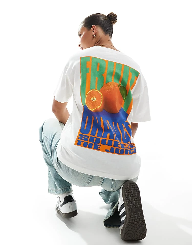 Pull&Bear Orange Fruit Graphic Oversized Tee In White For Women