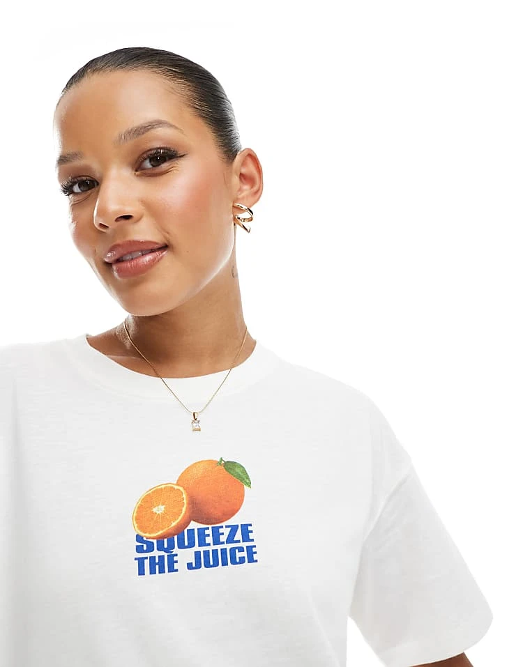 Pull&Bear Orange Fruit Graphic Oversized Tee In White For Women - Image 3