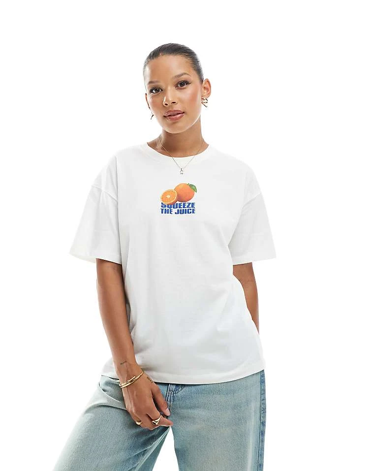 Pull&Bear Orange Fruit Graphic Oversized Tee In White For Women - Image 4