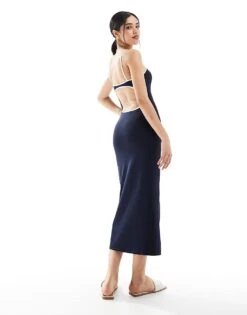 Pull&Bear Contrast Trim Backless Maxi Dress In Navy For Women