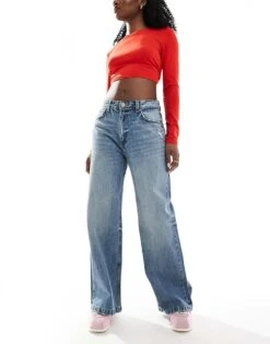 Pull&Bear Baggy Oversized Wide Leg Jean In Mid Blue For Women