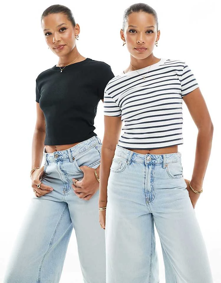 Pull&Bear 2 Pack Baby Tee In Black & Stripe For Women White/black - Image 5