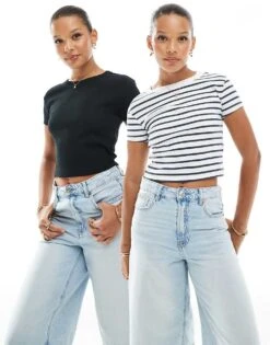 Pull&Bear 2 Pack Baby Tee In Black & Stripe For Women White/black