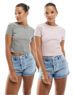 Pull&Bear 2 Pack Baby Tee In Pink & Grey For Women Pink/grey